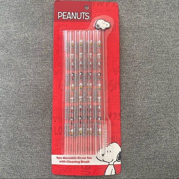 Peanuts Other - Peanuts Gang Plastic Reusable Straws
with Cleaning Brush 9PC NEW